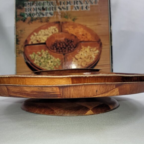 Lazy Susan 5 Piece Woven Tray Vintage Candy Dish Brown Wood Look Container - Picture 3 of 3